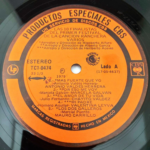 10 Finalistas Del Primer Festival De La Cancion Ranchera Lp