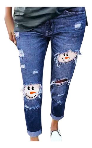 Pantalones Rasgados Con Estampado De Muñeco De Nieve O Para