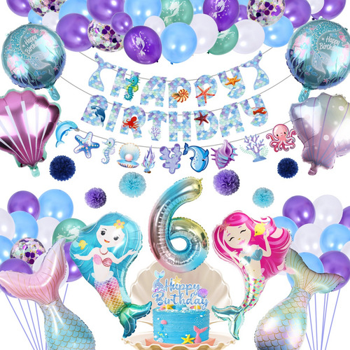 Número 6 Kit de Globos de Sirena para Decoración de Cumpleaños de Niños con Globos Metálicos