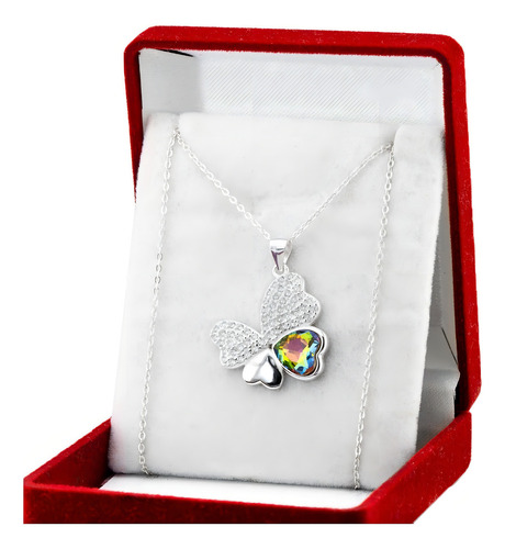 Cadena Y Dije Trébol 4 Corazones Plata 925 Piedras Cristal Color Multicolor