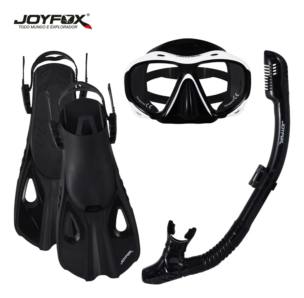 Kit Mergulho Joyfox Máscara Snorkel Nadadeira Preto Tamanho P/M