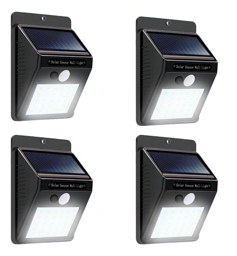 4 lâmpadas solares com sensor de movimento colorido de 30 LEDs Durante a noite, a lâmpada permanece acesa com pouca luz até que o sensor detecte um movimento próximo.