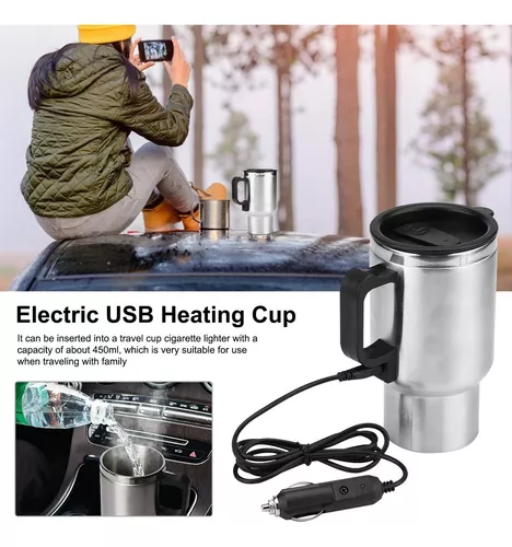 Taza eléctrica de acero inoxidable de 450 ml, 12 V, taza de viaje, taza de  calefacción, enchufe termo eléctrico, calentador de taza de café con