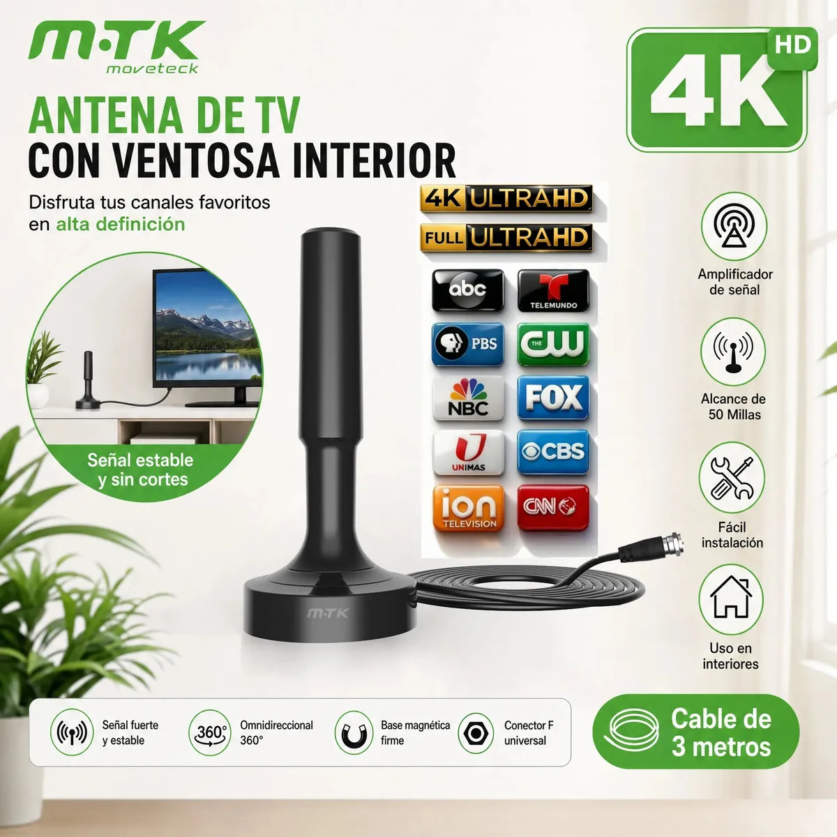 Imagen de Antena TV Digital para Interiores MTK TR9418 con Rango de 80 km y Cable de 3 m