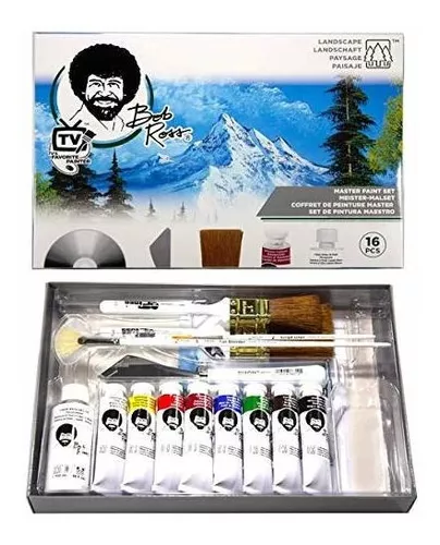 Bob Ross Master Artist Oil Paint Set Bundle with Aluminum Table Easel &  2-Pack 12x16 Stretched Canvas for Painting (3 Items)