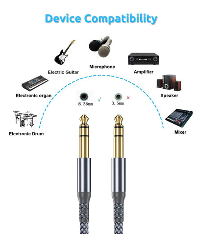 Cable De Instrumento Trs 6.35 Mm 10 Pies Para Guitarra