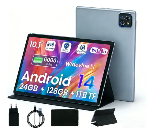 Tablet Pab Android 14 10.1 128GB+1TB TF Ram Octa-core Cinza Wifi,Unissex, para estudantes e trabalho, com capa protetora