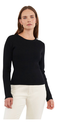 Sweater Mujer Rib Cuello Redondo Negro Corona