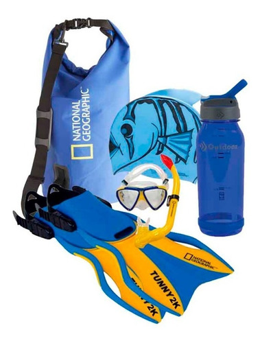 Kit Buceo Aletas Visor Gorra Bolsa Botella National Geograph