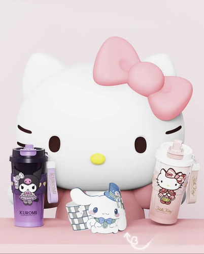 Termo De Acero Doble Pico Hello Kitty Y Kuromi 520ml Rosa Claro