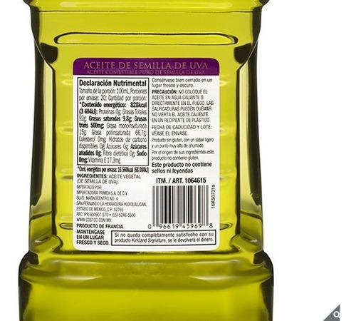 Imagen 2 de 3 de Aceite De Semilla De Uva Comestible 2 Litros Kirkland Se