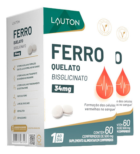 Ferro Quelato 34mg Lauton 60 Comprimidos 2un Sabor Sem Sabor