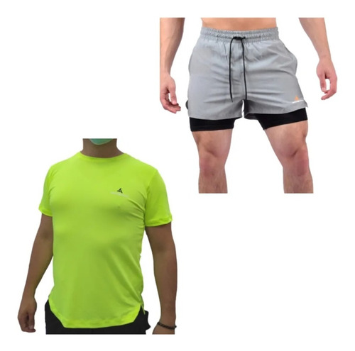 Conjunto! Remera Deportiva Hombre+ Short Con Calza Gris