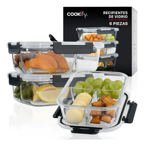 comprar Set 3 Contenedores De Vidrio con Divisiones Recipientes Herméticos Cookify | Tapas Con Válvula | Toper Aptos Para Horno Y Congelador | Sin Bpa