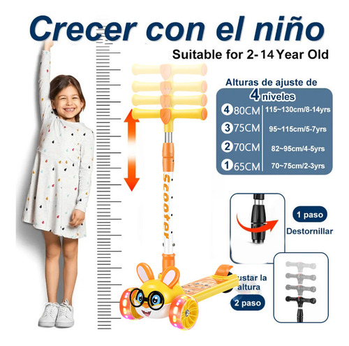 Scooter Monopatín De Pie Plegable Niños 2-12 Años Luces Led