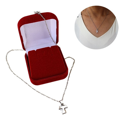 Colar Prateado Com Medalha Tau Franciscano Mini Em Prata Cor Vermelho