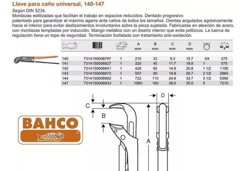Imagen 3 de 3 de Llave Para Caños Bahco N140