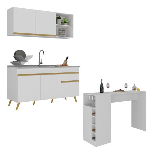 Armário Cozinha Compacta Com Mesa Veneza Multimóveis Mp2201 Cor Branco/Dourado