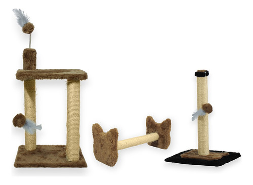 Arranhador Gato Plataforma Dupla Kit Com 2 Brinquedos Poste Cor Marrom-claro