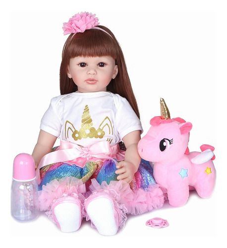 Muñeca Reborn Realista Pelo Largo 60cm + Unicornio