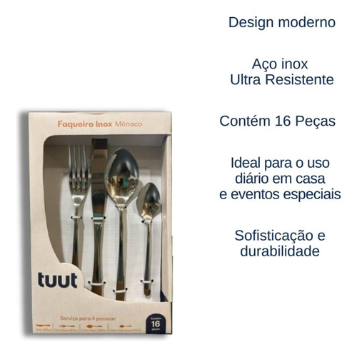 Faqueiro Luxo Aço Inox Conjunto Talheres Monaco 16 Peças Premium Tuut