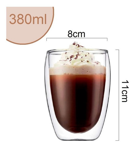 Imagem 3 de 4 de Jogo 2 Copos Parede Dupla Vidro 380ml Café Chá Bar