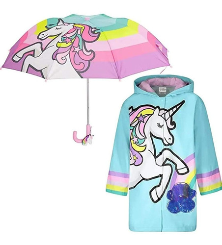 Set Abrigo Impermeable De Lluvia Y Paraguas Niñas Unicornio