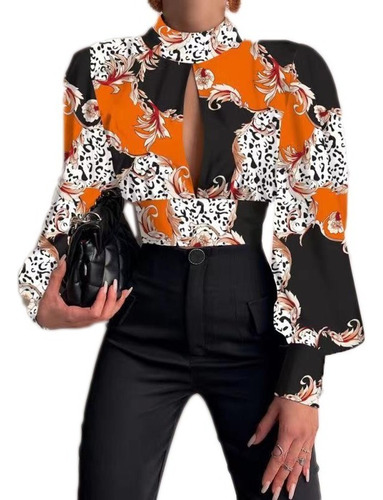 Camisa Sin Espalda Con Cuello Alto Y Manga Tipo Farol For M