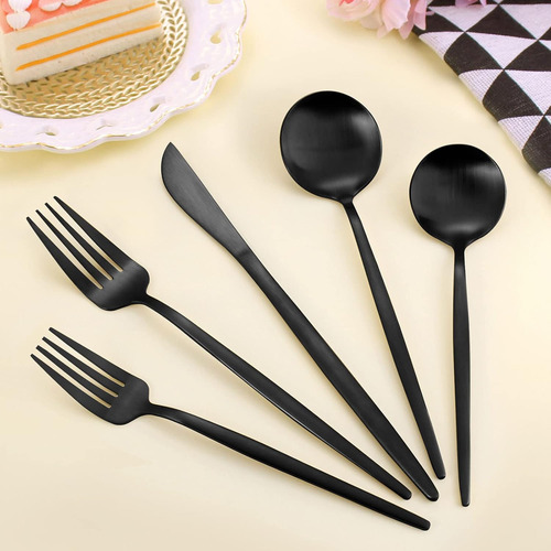 Juego De Cubiertos Negro Mate Con Cuchillos Para Carne, L...