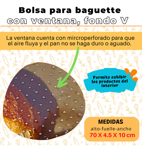 50 Bolsas Baguette Ventana Central Kraft Microperforada Blanco Ventana Microperforada