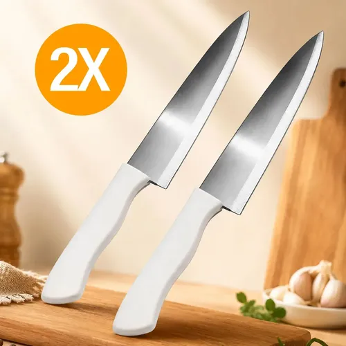 Kit 2 Facas Aço Inox Cozinha Corte Afiado Carne Açougueiro Chef Cabo Branco - Marca Kill Rex