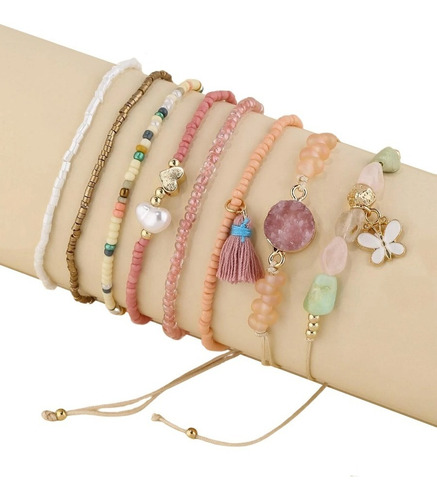 Pulsera Casual Set 8 Pzs Cuencas Redonda + Dije Mariposa Pnl