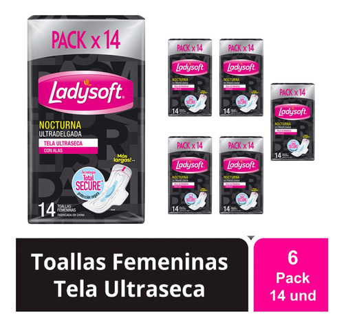 Toalla Fem Noctur Ladysoft Ultradelgada Tela Ultraseca X6paq