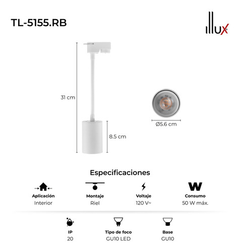 Luminaria Para Riel Tipo Spot 50W máximo Color Blanco Kino Illux Tl-5155.r