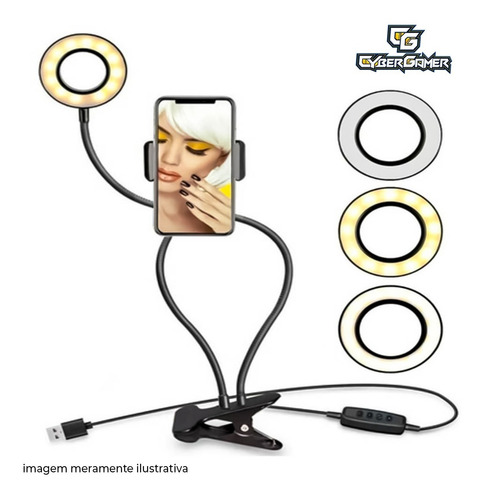 Imagem 2 de 6 de Ring Light Triplo Mesa C/ Suporte Celular Mic 3 Tons Leds