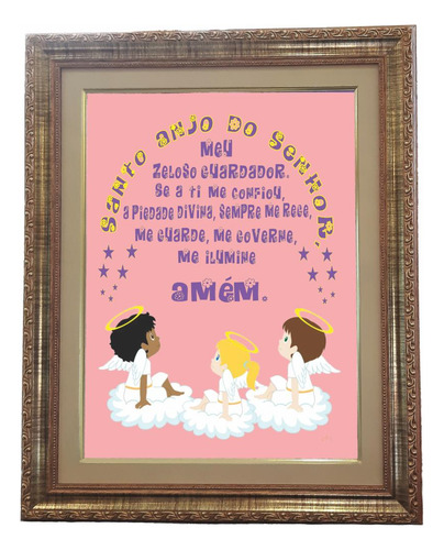 Quadro Oração Anjo Guarda, Menina, Mod.01, 53x43cm. Angelus Dourado