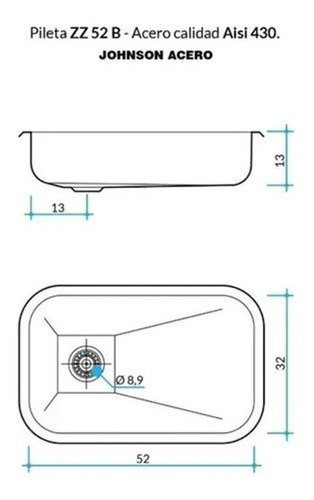 Imagen 2 de 3 de Pileta Bacha Acero Inoxidable Johnson Zz52b Cocina Mesada Simple 52x32x13 Acero 430