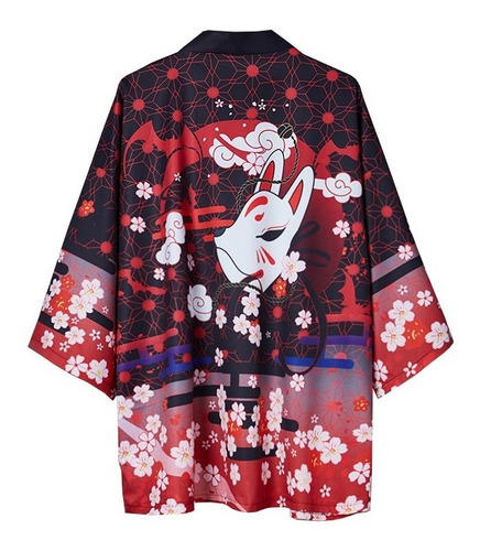 Haori Kimono Japonés Kawaii Sakura Mascara Kitsune Zorro
