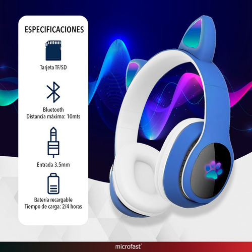 Auriculares Headset Bluetooth Oreja Luz Led Gato Micrófono