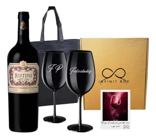 Box Vino Rutini Cab-malbec + 2 Copas Negras Grabadas Regalo