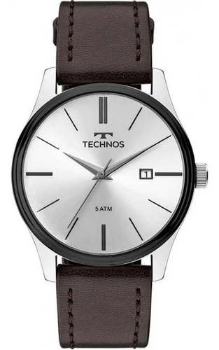 Relógio Technos Masculino Steel Prateado 2115mpp/1k Correia Marrom Bisel Preto