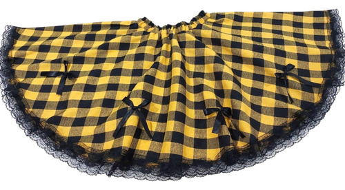 Fantasia Saia Junina Xadrez Godê - Com Renda + Gravata Xadrez Amarelo E Preto Renda Preta Cintura 70cm Ate 100cm