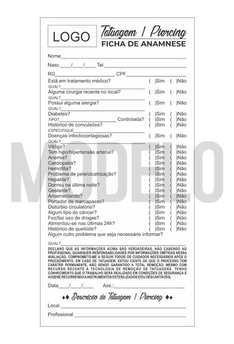 300 Fichas Anamnese Para Tatuagem E Piercing Personalizada