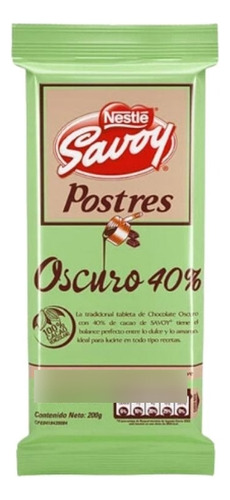 Chocolate Para Postre Oscuro 40% Savoy 200gr