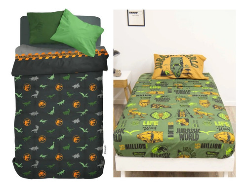 Kit Acolchado Flannel + Juego De Sabanas Piñata 1 1/2 Plaza Verde Dinosaurio