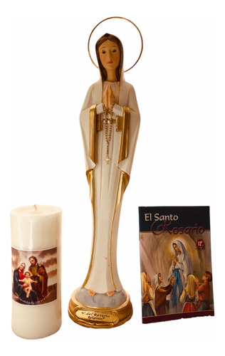 Virgen Del Santo Rosario- Delux En Porcelana + Novena Y Vela