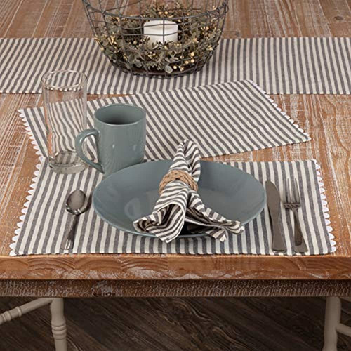 Farmhouse Ticking Stripe Manteles Individuales Grises Con Ri