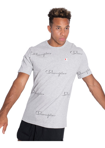 Remera Champion Deportiva Logo Hombre Moda Gris Melange