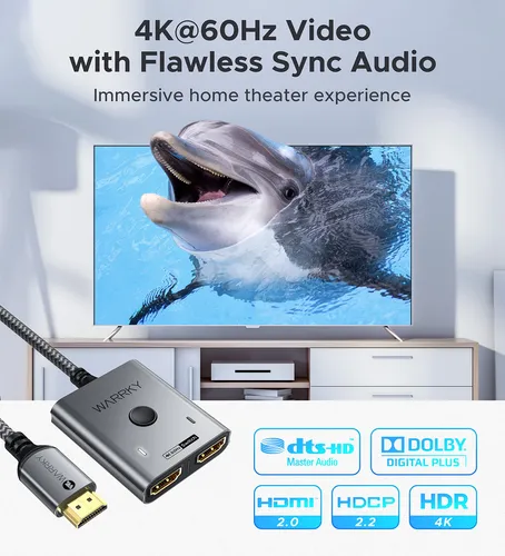 Interruptor Hdmi 4k 60hz, Warrky Hdmi 2.0 Switch 2 En 1 Sali