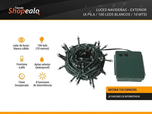 Imagen 2 de 9 de Luces Exterior A Pila 100 Led 10m Waterproof Bco Calido Cta*